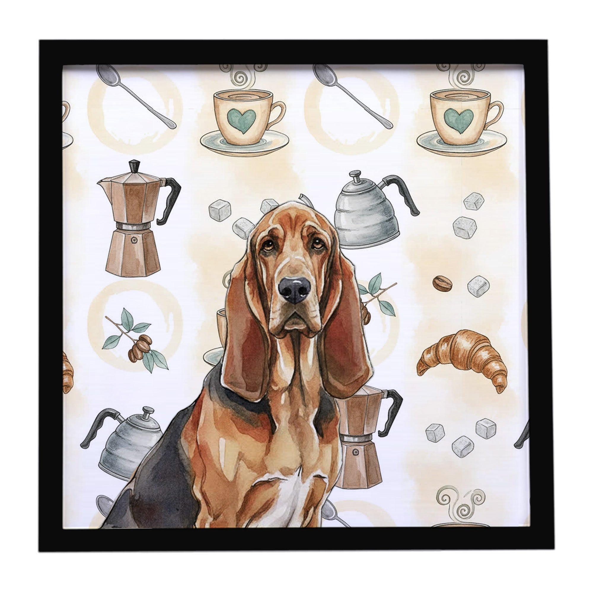 Liver and Tan Bloodhound Coffee Bar Framed Metal Print Bathroom, Kitchen, Office, Home Decor Wall Art Ready to Hang, Square, 8X8
