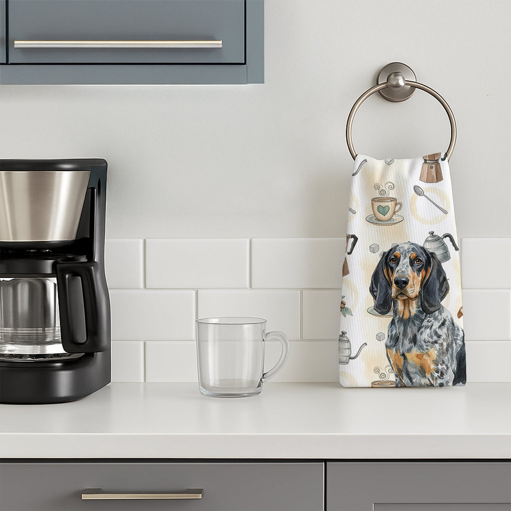 Bluetick Coonhound Coffee Bar Kitchen Towel Velour Plush Front and Cotton Loop Back Machine Washable
