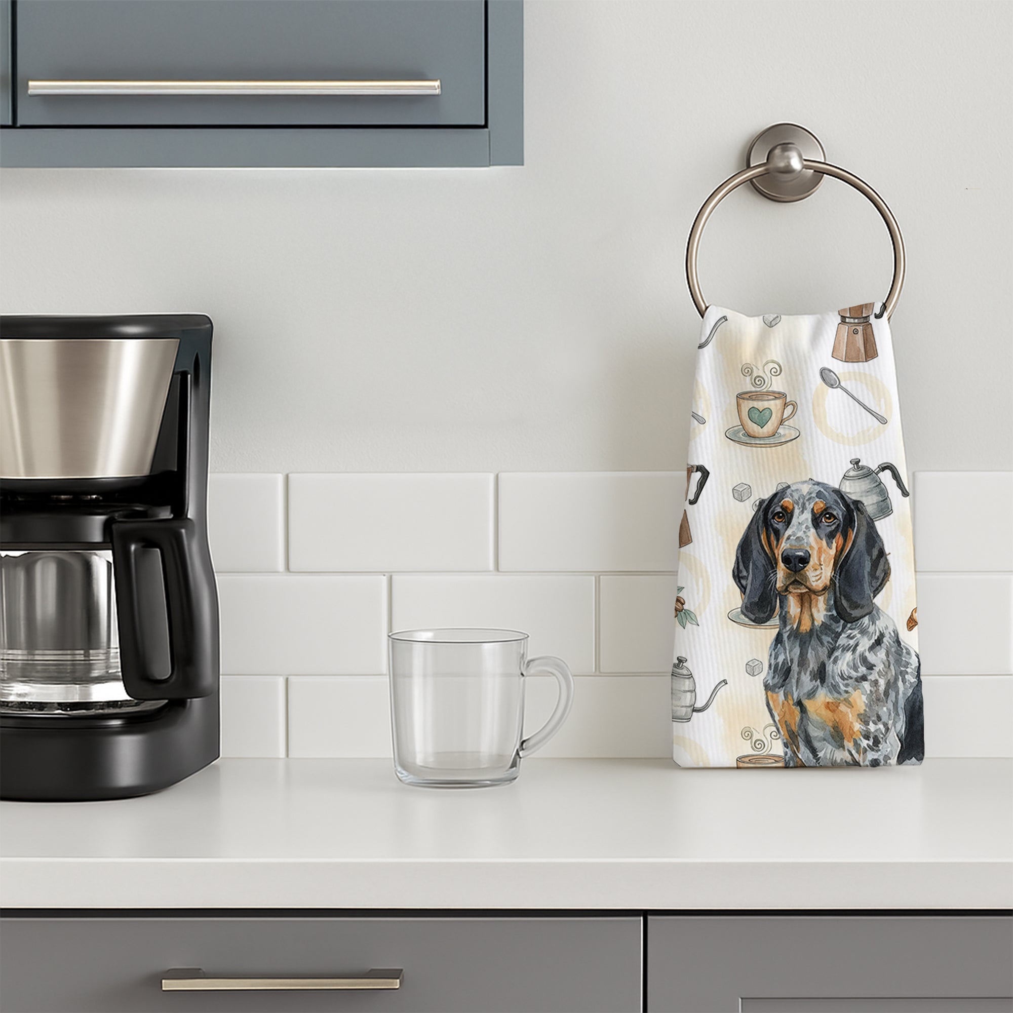 Bluetick Coonhound Coffee Bar Kitchen Towel Velour Plush Front and Cotton Loop Back Machine Washable