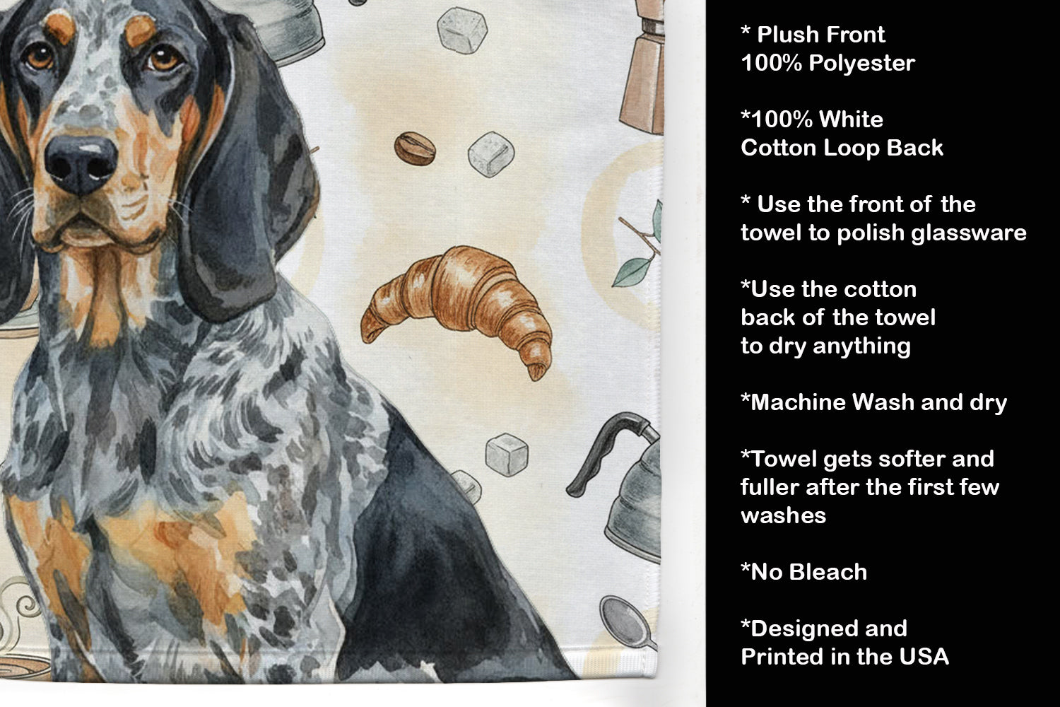 Bluetick Coonhound Coffee Bar Kitchen Towel Velour Plush Front and Cotton Loop Back Machine Washable