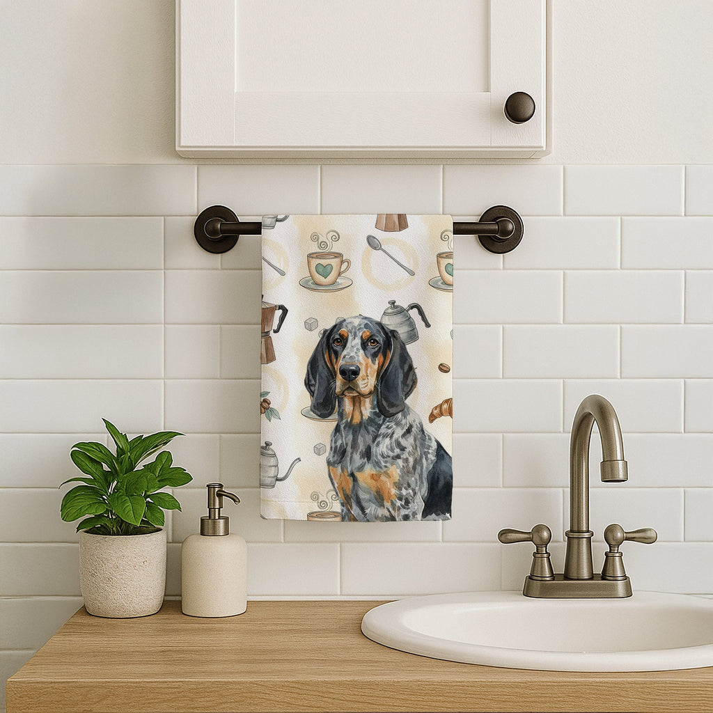 Bluetick Coonhound Coffee Bar Kitchen Towel Velour Plush Front and Cotton Loop Back Machine Washable