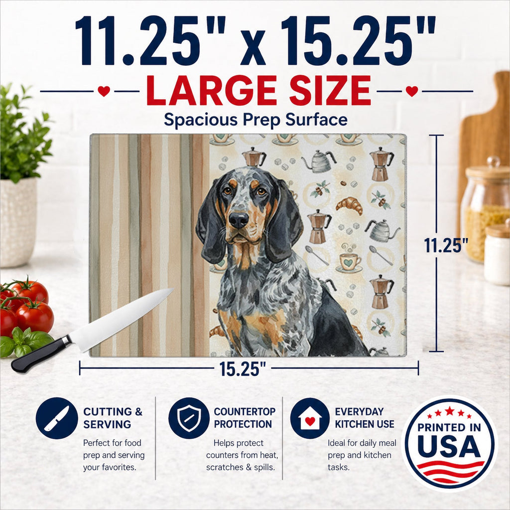 Bluetick Coonhound Coffee Bar Cutting Board Tempered Glass Kitchen Cutting Surface, Heat Resistant Chopping, Non-Slip Feet, Food Prep & Serving