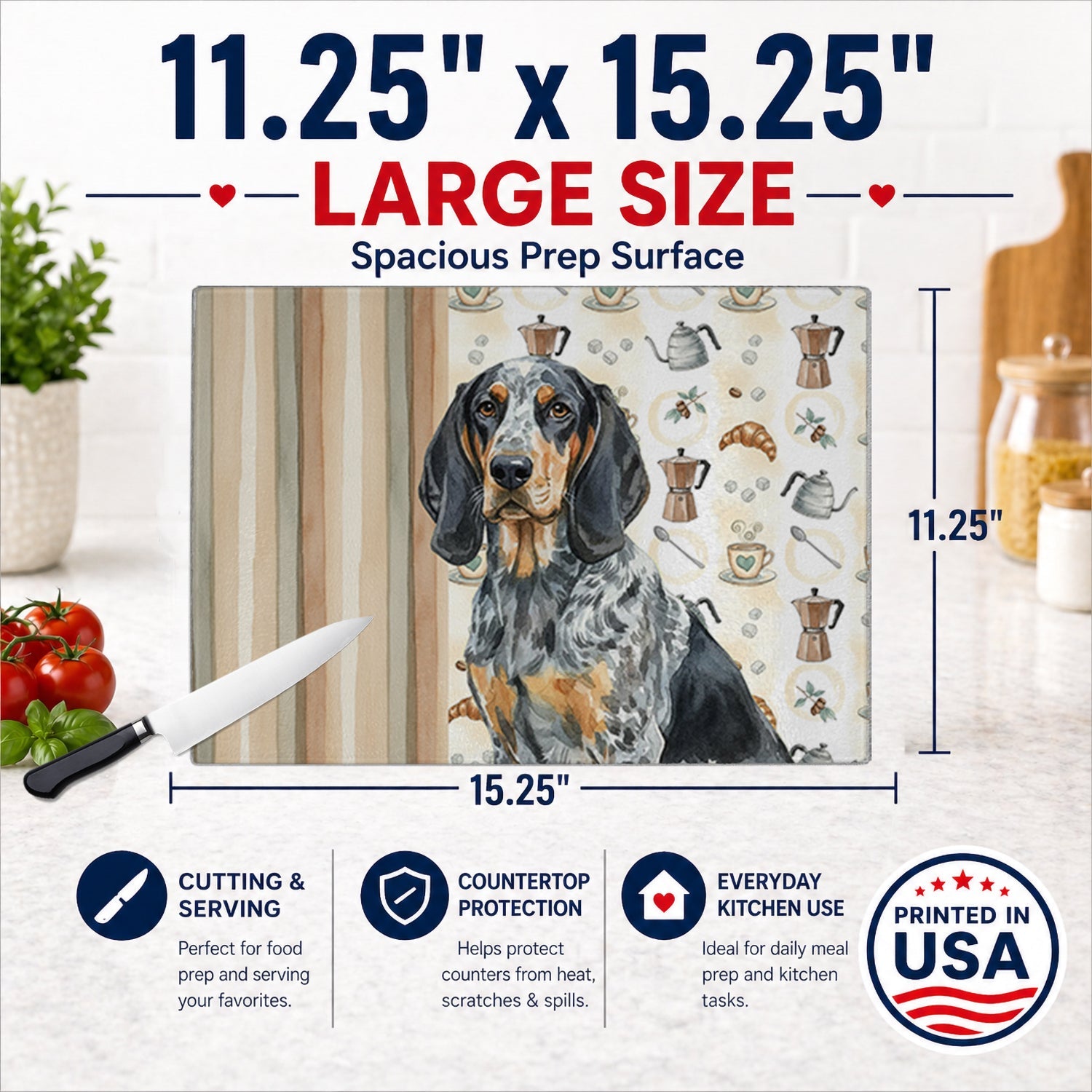 Bluetick Coonhound Coffee Bar Cutting Board Tempered Glass Kitchen Cutting Surface, Heat Resistant Chopping, Non-Slip Feet, Food Prep & Serving