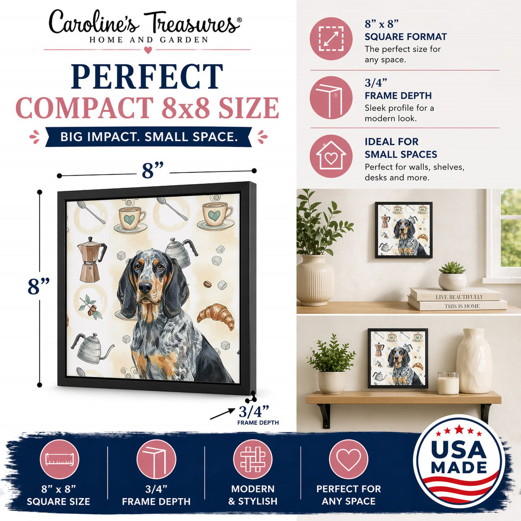 Bluetick Coonhound Coffee Bar Framed Metal Print Bathroom, Kitchen, Office, Home Decor Wall Art Ready to Hang, Square, 8X8