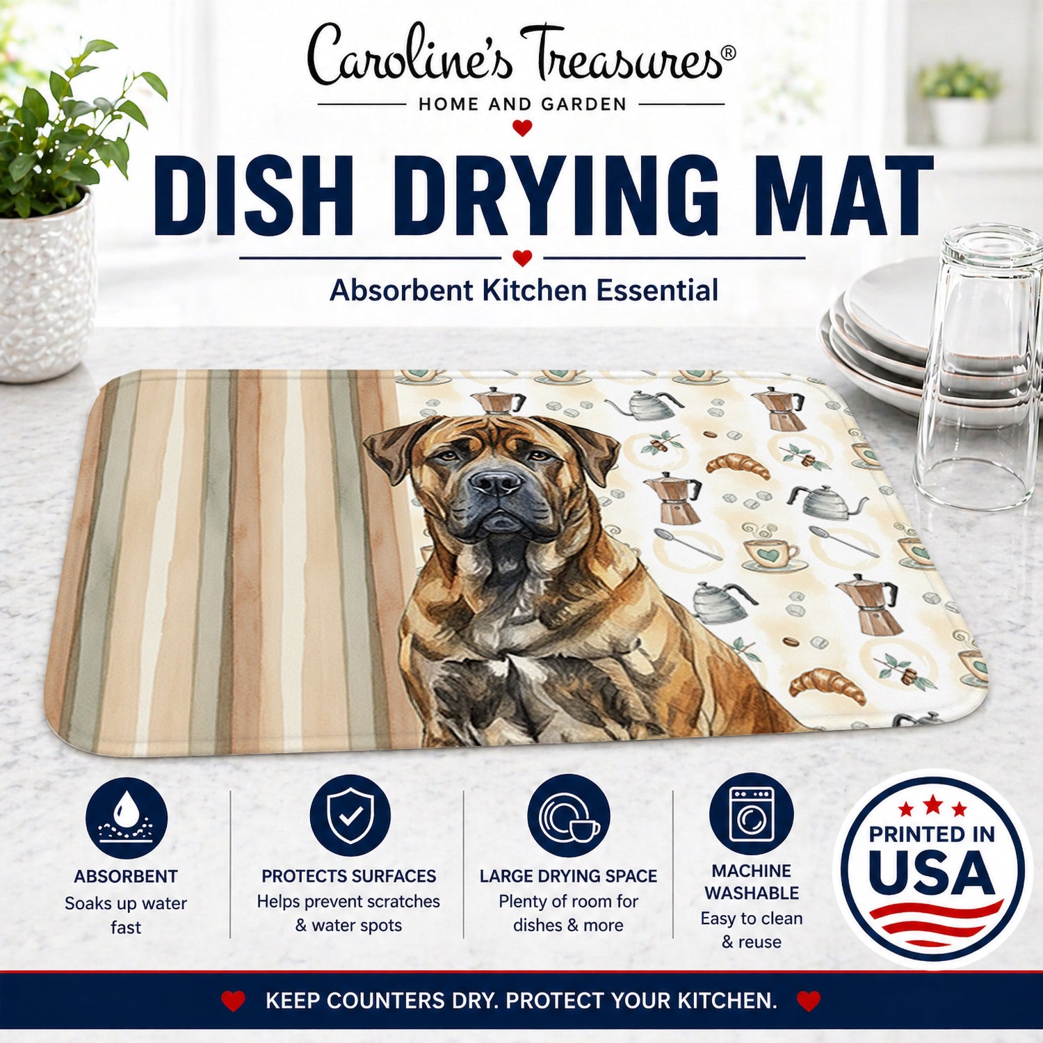 Brindle Boerboel Coffee Bar Dish Drying Mat Absorbent Dish Drying Mat Pad for Kitchen Counter Dish Drainer Mat for Countertop, 14 x 21", Multicolor