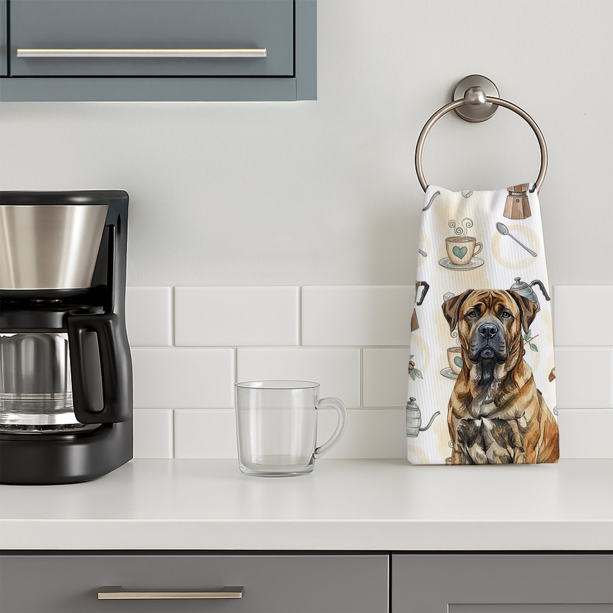 Brindle Boerboel Coffee Bar Kitchen Towel Velour Plush Front and Cotton Loop Back Machine Washable