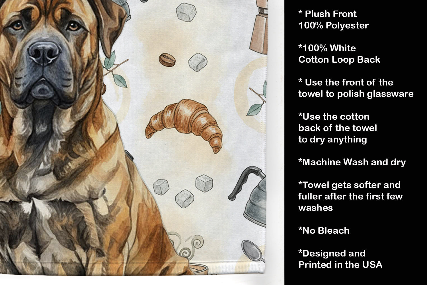 Brindle Boerboel Coffee Bar Kitchen Towel Velour Plush Front and Cotton Loop Back Machine Washable