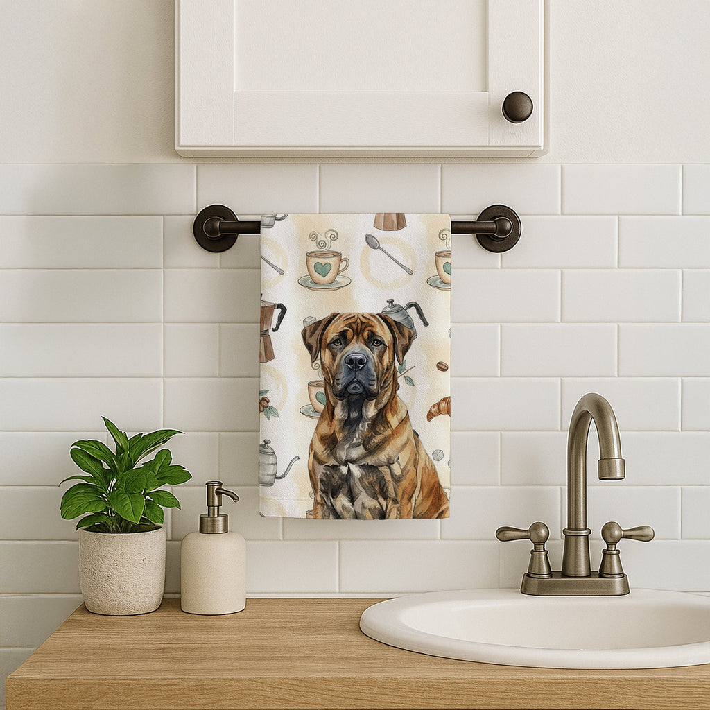 Brindle Boerboel Coffee Bar Kitchen Towel Velour Plush Front and Cotton Loop Back Machine Washable