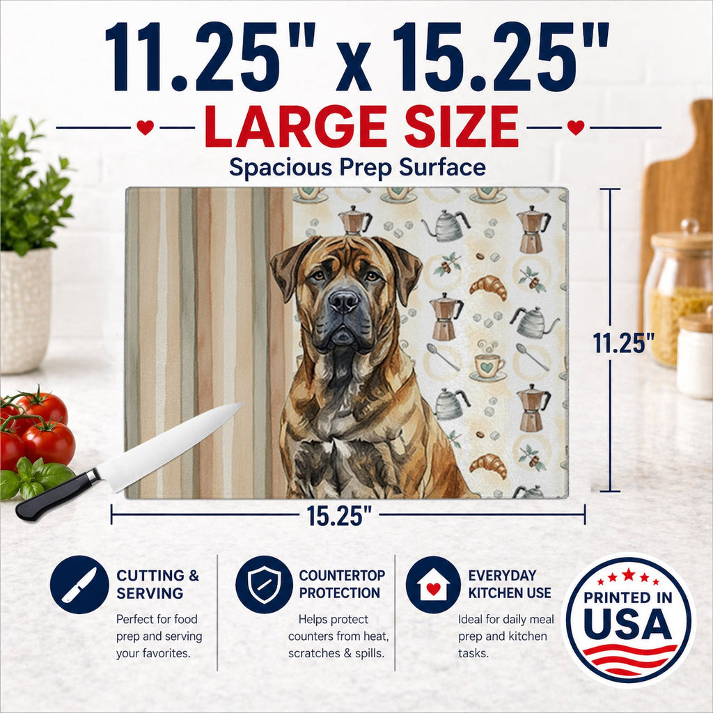 Brindle Boerboel Coffee Bar Cutting Board Tempered Glass Kitchen Cutting Surface, Heat Resistant Chopping, Non-Slip Feet, Food Prep & Serving