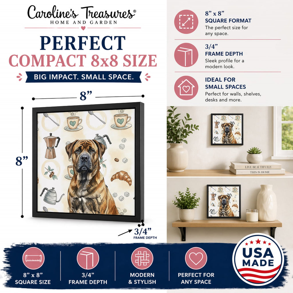 Brindle Boerboel Coffee Bar Framed Metal Print Bathroom, Kitchen, Office, Home Decor Wall Art Ready to Hang, Square, 8X8
