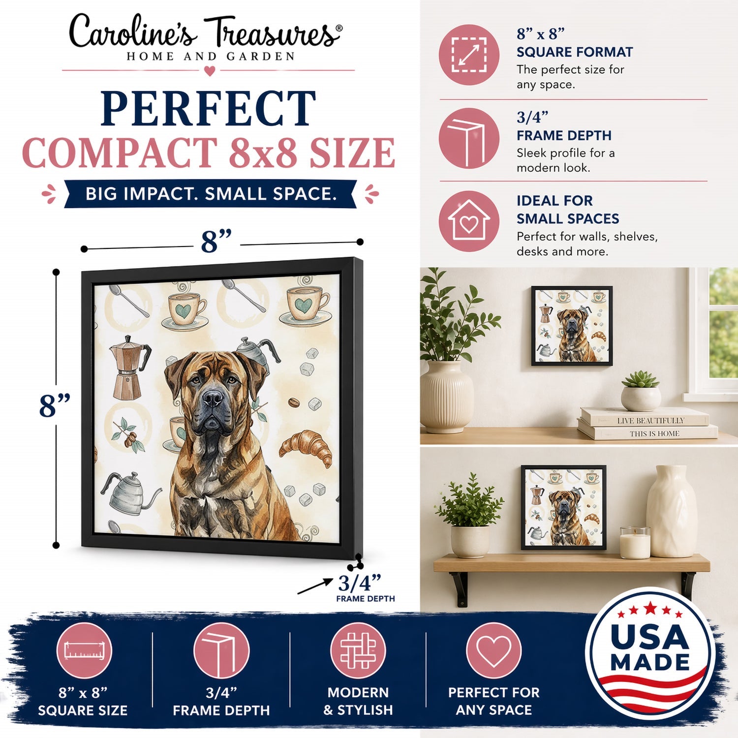 Brindle Boerboel Coffee Bar Framed Metal Print Bathroom, Kitchen, Office, Home Decor Wall Art Ready to Hang, Square, 8X8