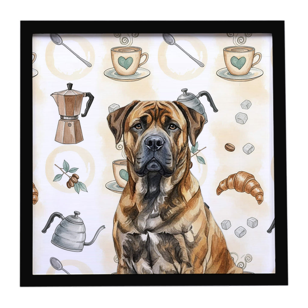 Brindle Boerboel Coffee Bar Framed Metal Print Bathroom, Kitchen, Office, Home Decor Wall Art Ready to Hang, Square, 8X8