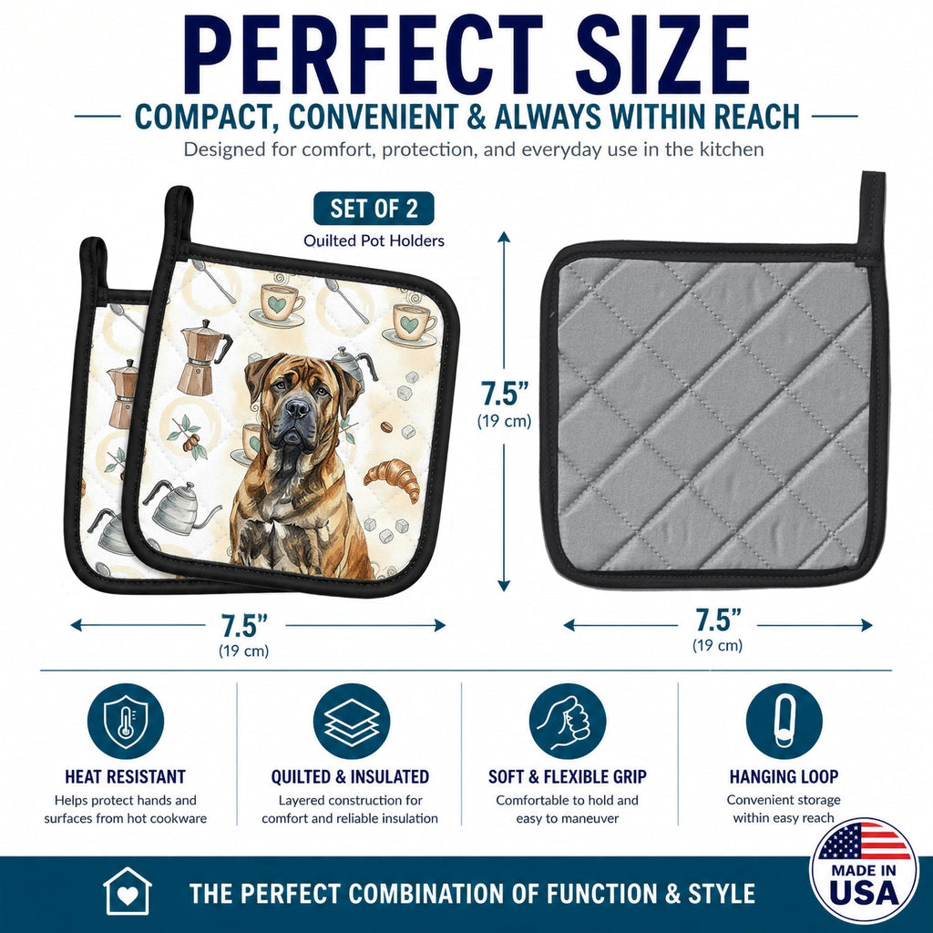 Brindle Boerboel Coffee Bar Pot Holder Set of 2 Heat Resistant Quilted Hot Pads 7.5 x 7.5 Inch, Insulated Kitchen Trivets for Cooking & Baking