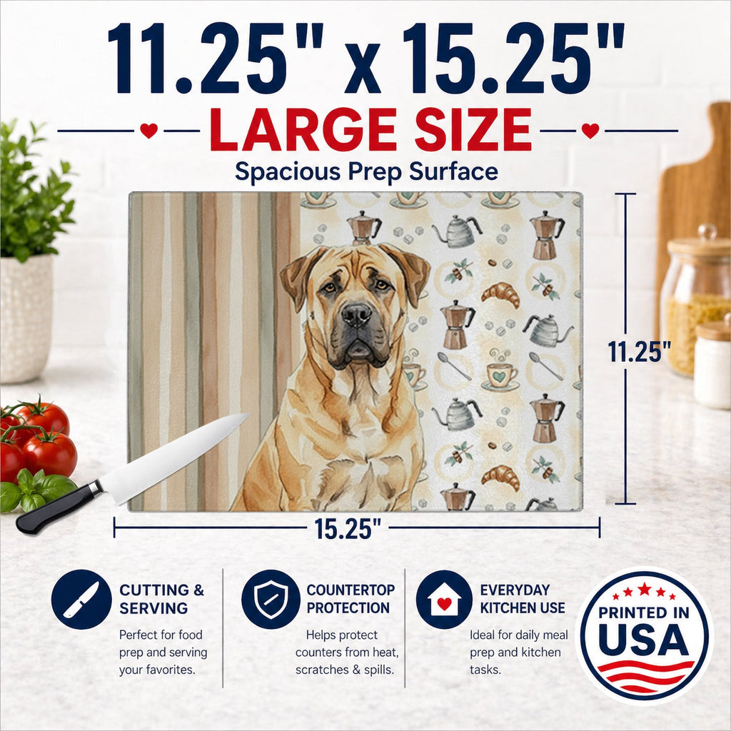 Fawn Boerboel Coffee Bar Cutting Board Tempered Glass Kitchen Cutting Surface, Heat Resistant Chopping, Non-Slip Feet, Food Prep & Serving
