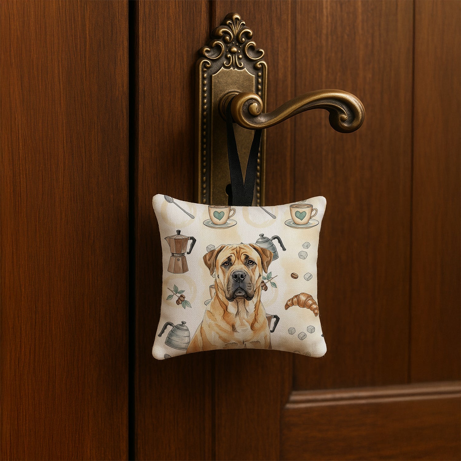 Fawn Boerboel Coffee Bar Hanging Square Fabric Ornament 3.5 � 3.5 Decorative Door-Knob & Tree Hanger, Soft Fabric