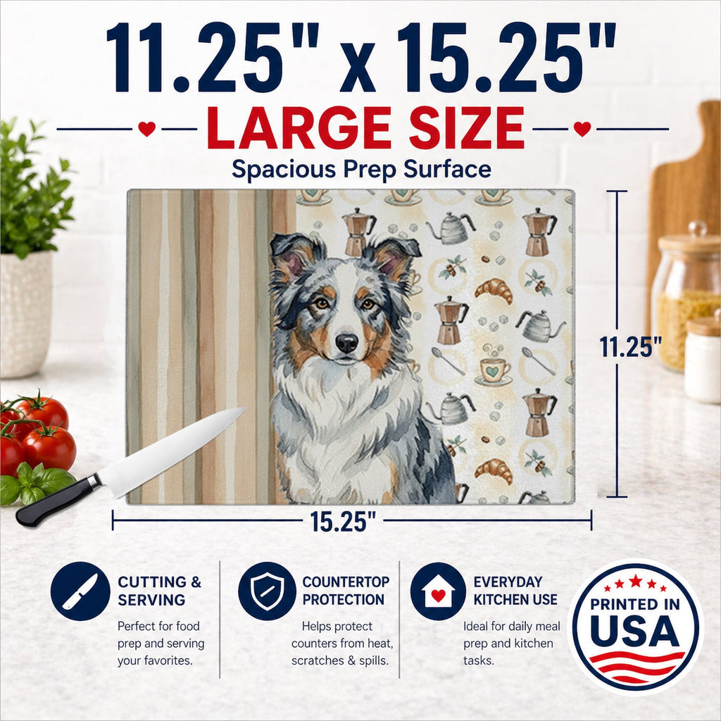 Blue Merle Border Collie Coffee Bar Cutting Board Tempered Glass Kitchen Cutting Surface, Heat Resistant Chopping, Non-Slip Feet, Food Prep & Serving