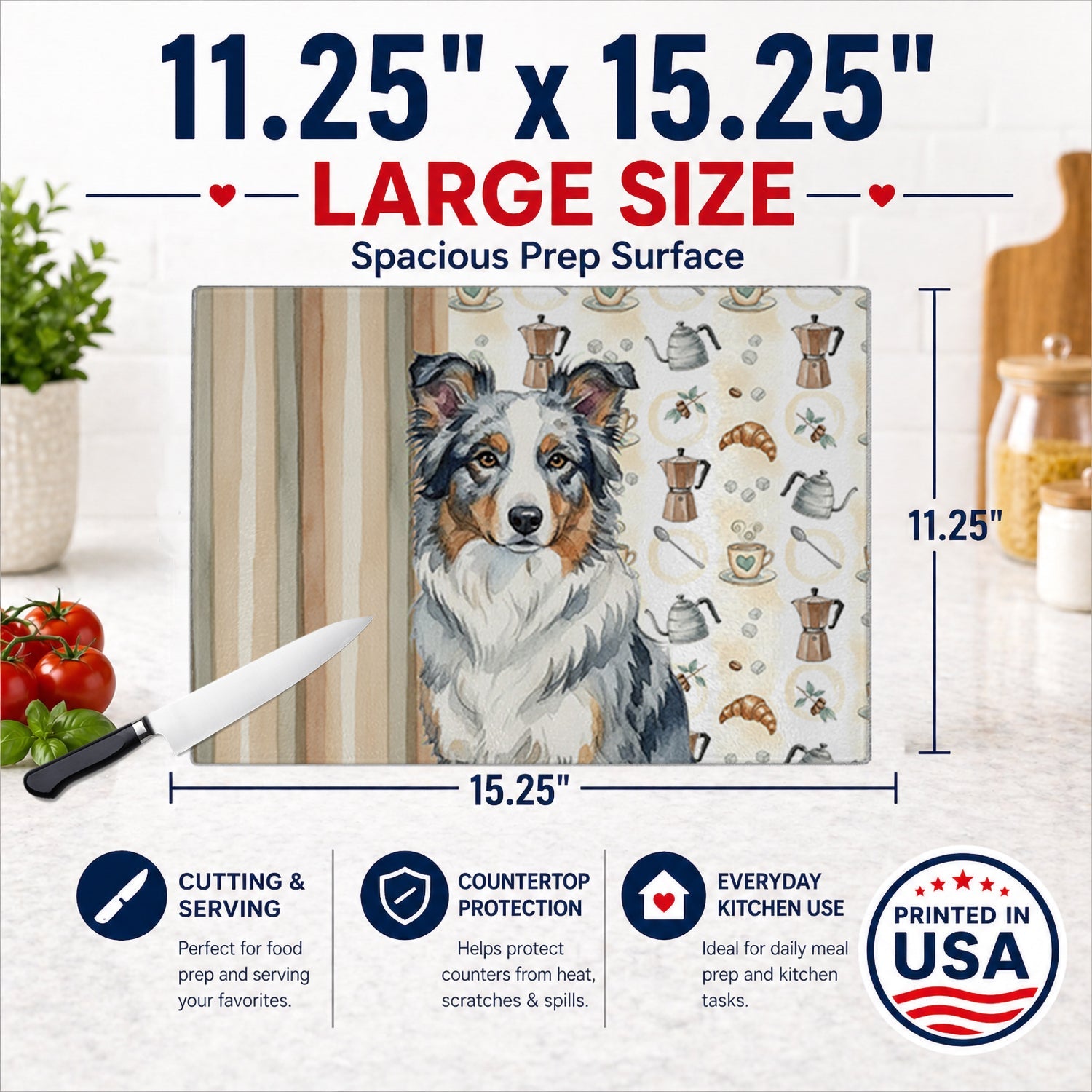 Blue Merle Border Collie Coffee Bar Cutting Board Tempered Glass Kitchen Cutting Surface, Heat Resistant Chopping, Non-Slip Feet, Food Prep & Serving
