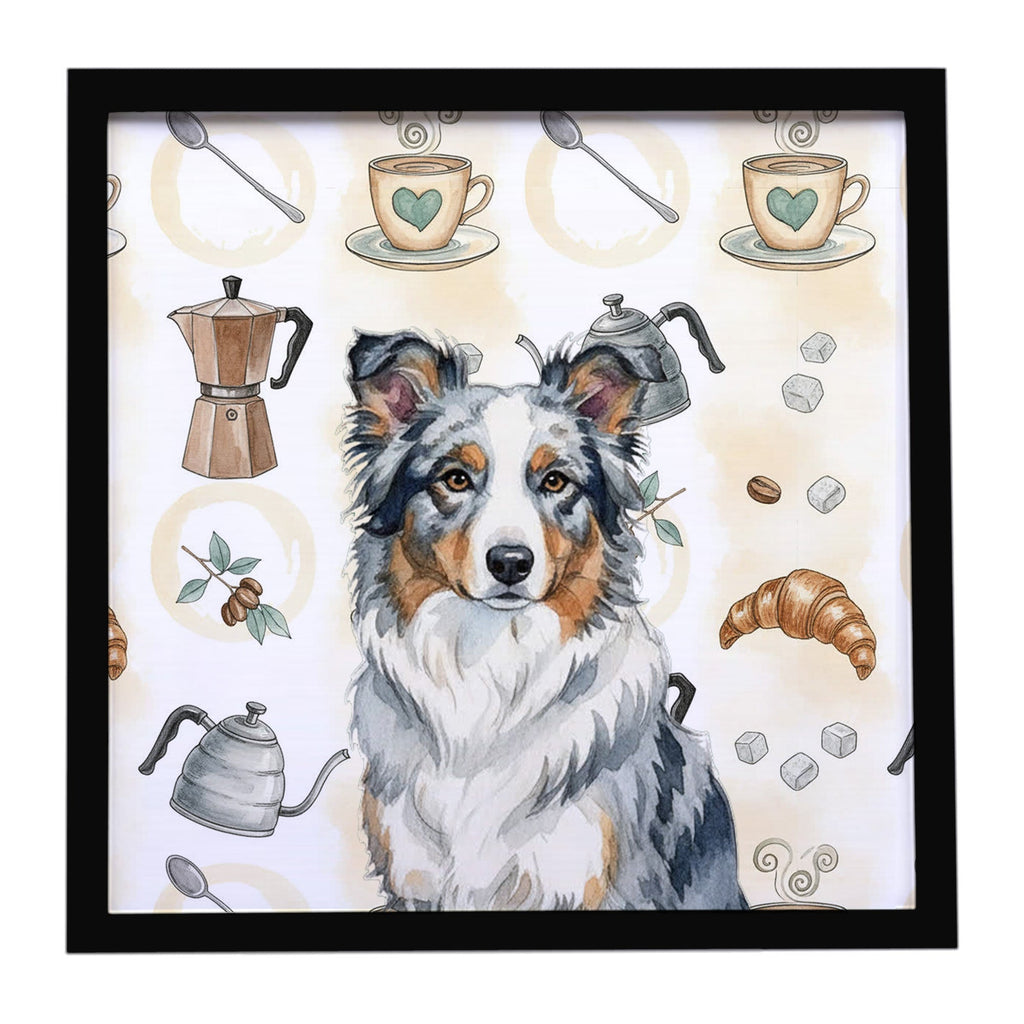Blue Merle Border Collie Coffee Bar Framed Metal Print Bathroom, Kitchen, Office, Home Decor Wall Art Ready to Hang, Square, 8X8