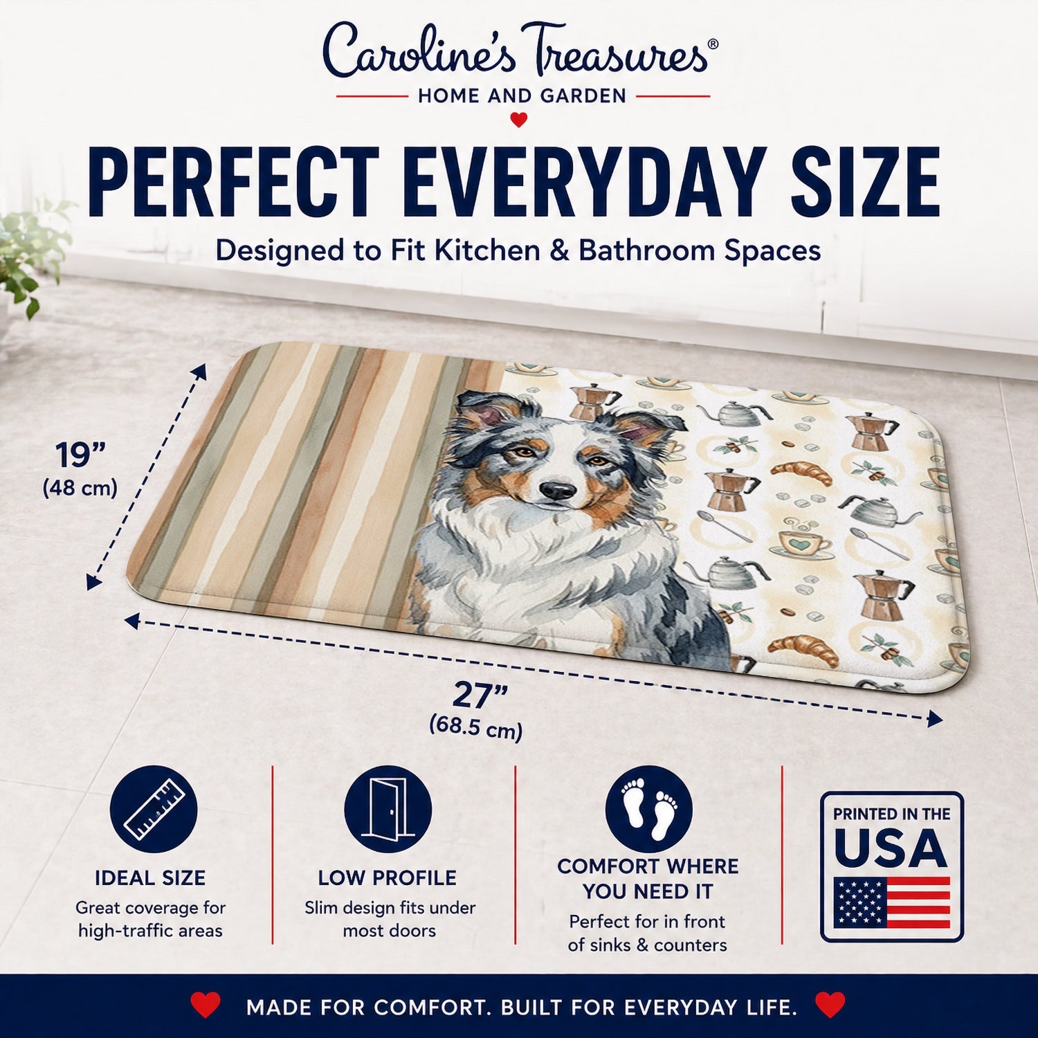Blue Merle Border Collie Coffee Bar Memory Foam Kitchen Mat Machine Washable Anti-Fatigue Cushion Comfort Bath or Kitchen Rug
