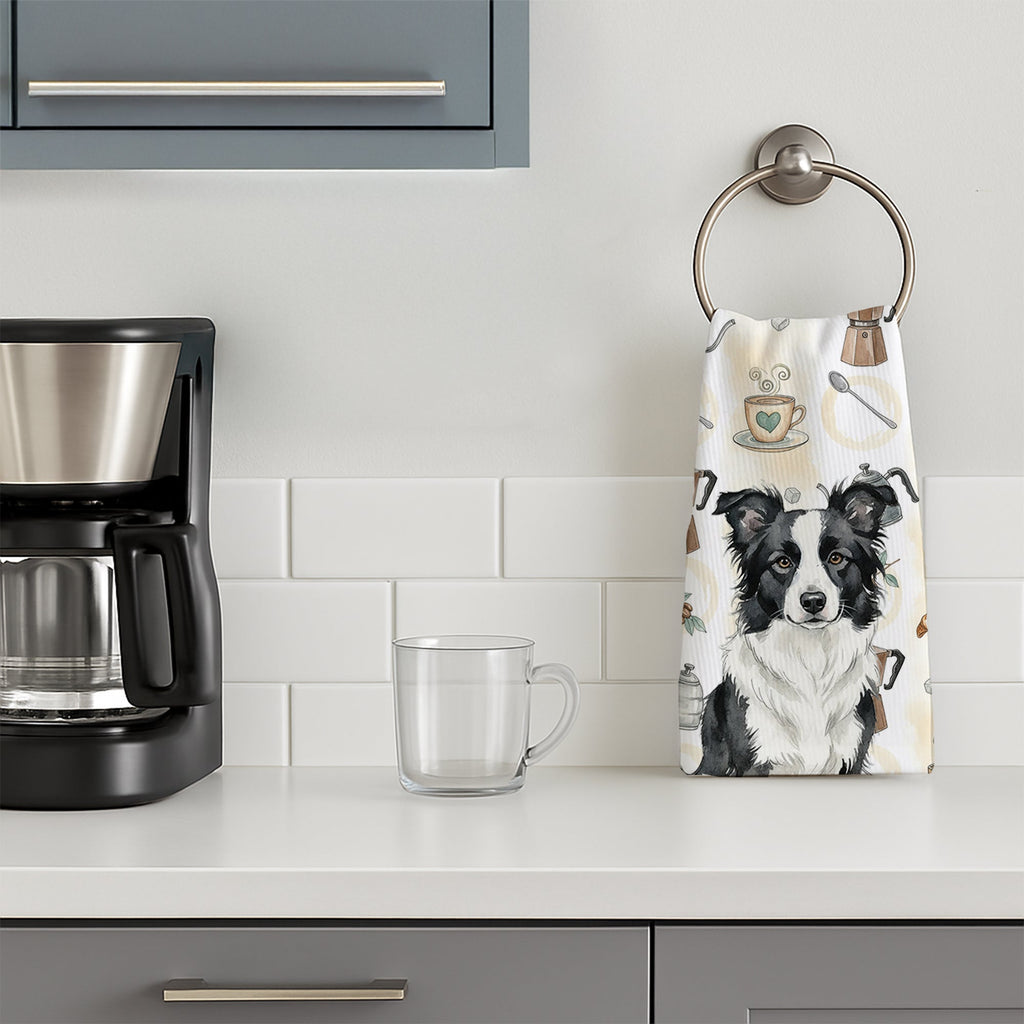 Border Collie Coffee Bar Kitchen Towel Velour Plush Front and Cotton Loop Back Machine Washable