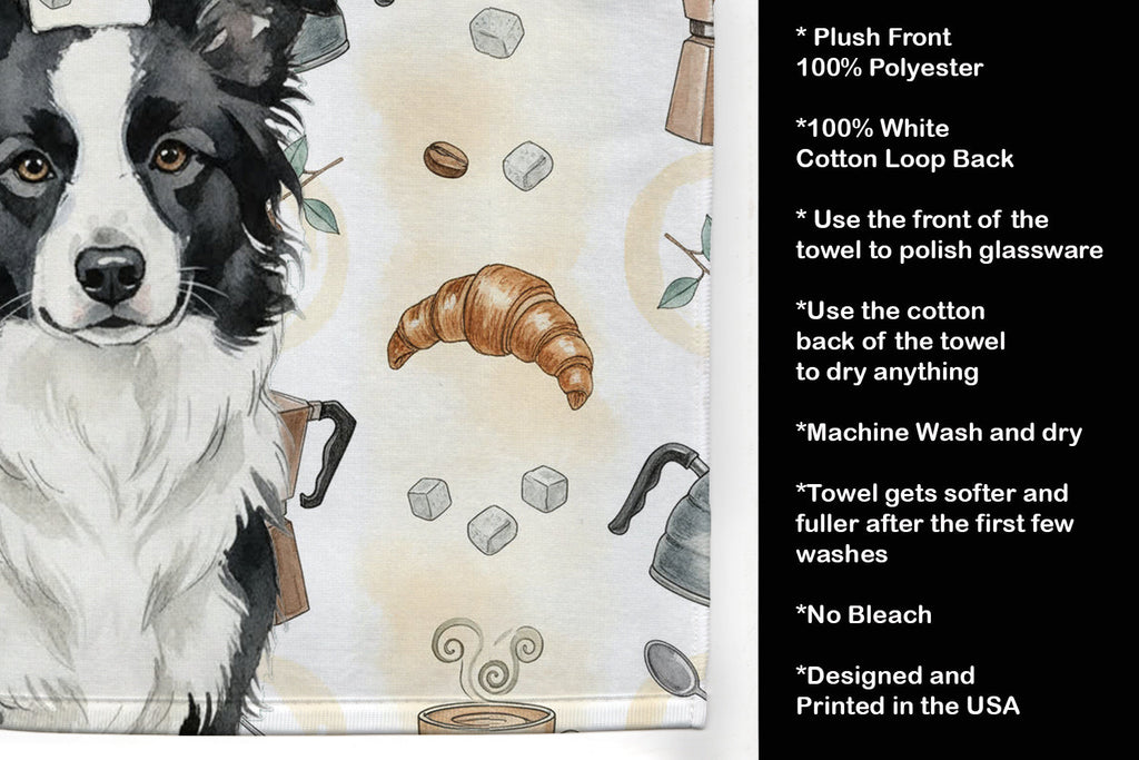 Border Collie Coffee Bar Kitchen Towel Velour Plush Front and Cotton Loop Back Machine Washable