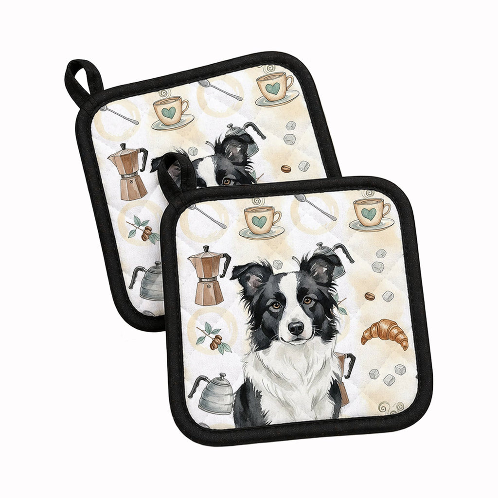 Border Collie Coffee Bar Pot Holder Set of 2 Heat Resistant Quilted Hot Pads 7.5 x 7.5 Inch, Insulated Kitchen Trivets for Cooking & Baking