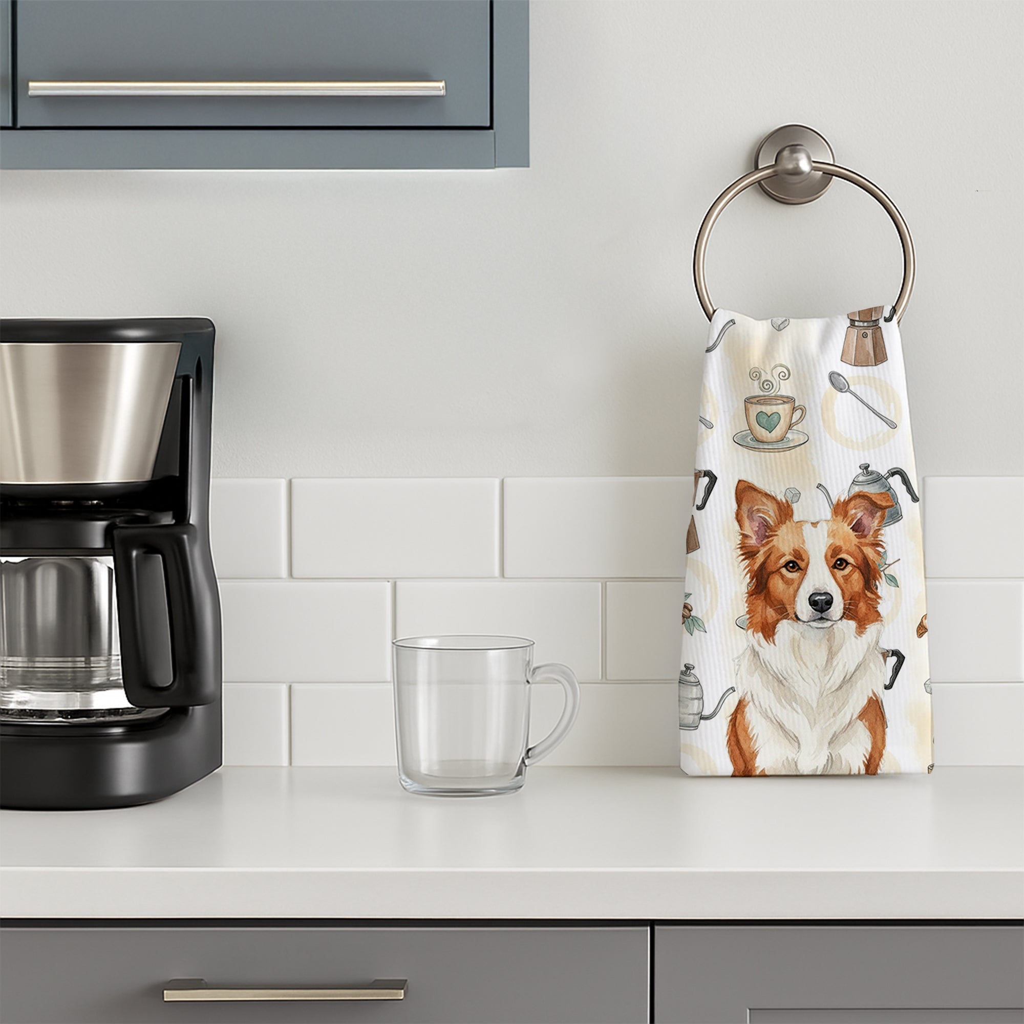 Red and White Border Collie Coffee Bar Kitchen Towel Velour Plush Front and Cotton Loop Back Machine Washable