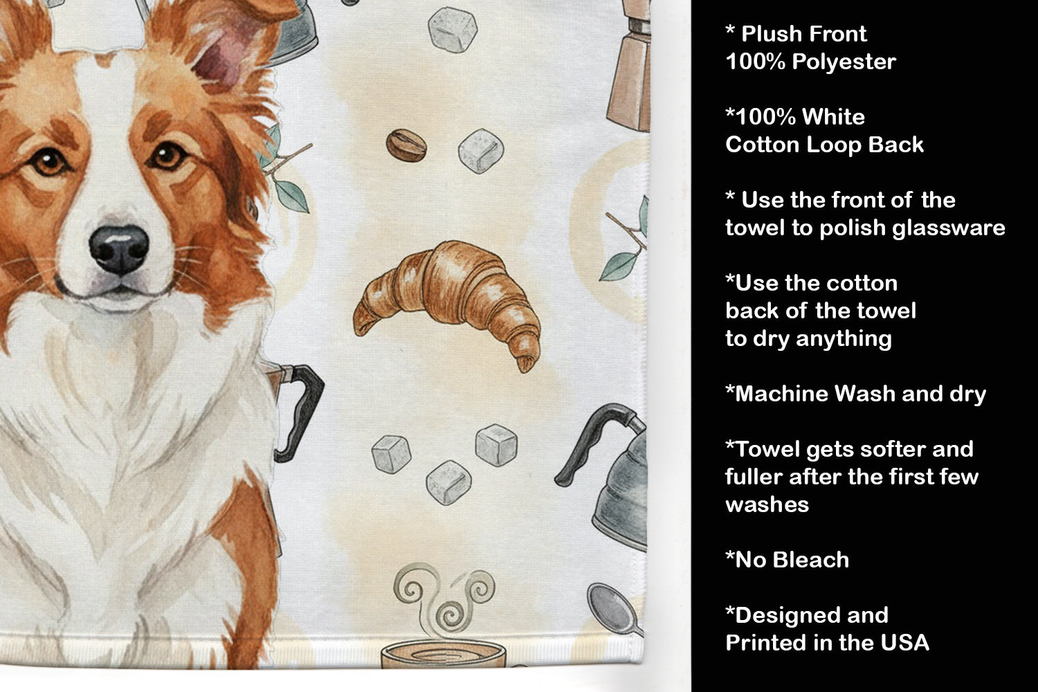 Red and White Border Collie Coffee Bar Kitchen Towel Velour Plush Front and Cotton Loop Back Machine Washable