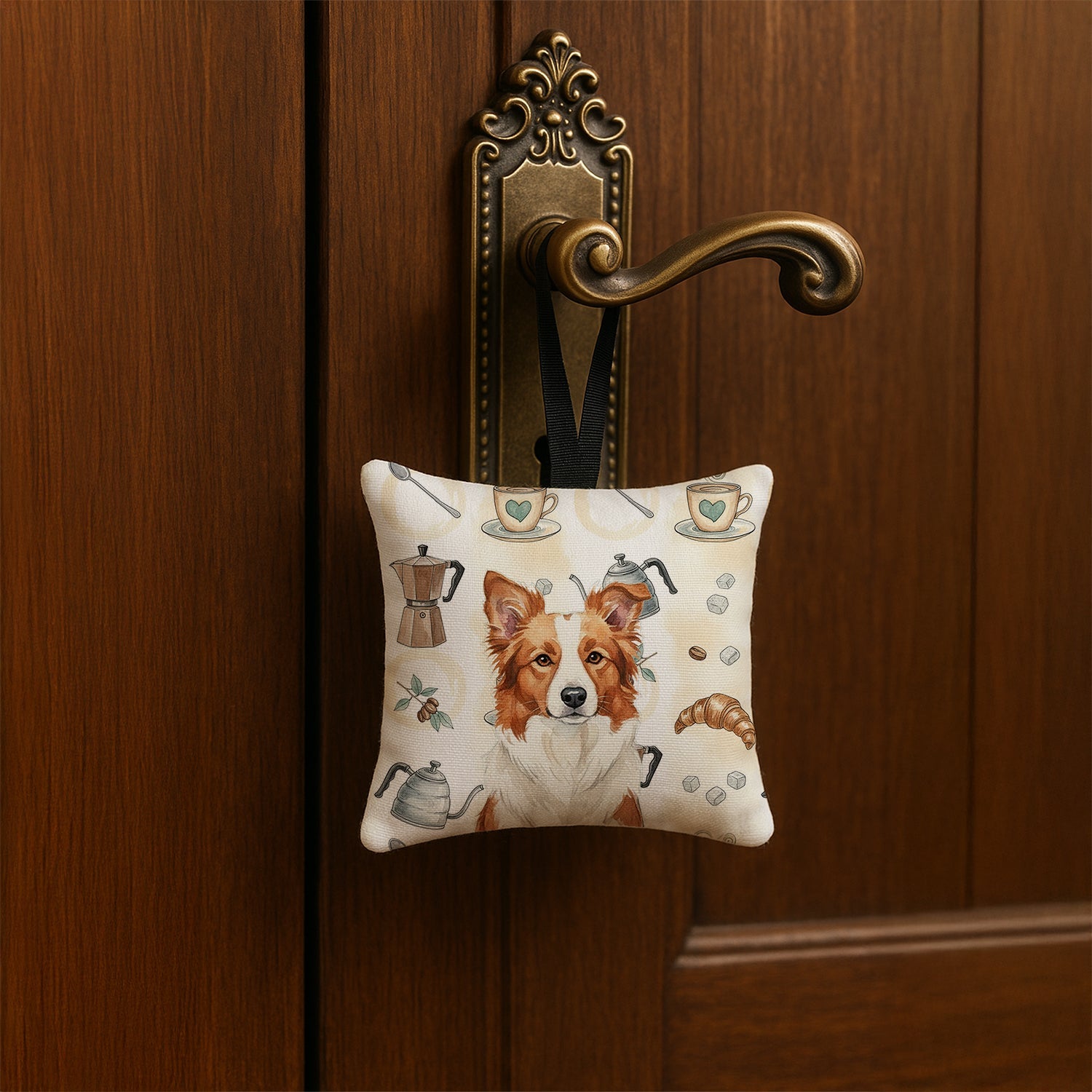 Red and White Border Collie Coffee Bar Hanging Square Fabric Ornament 3.5 � 3.5 Decorative Door-Knob & Tree Hanger, Soft Fabric