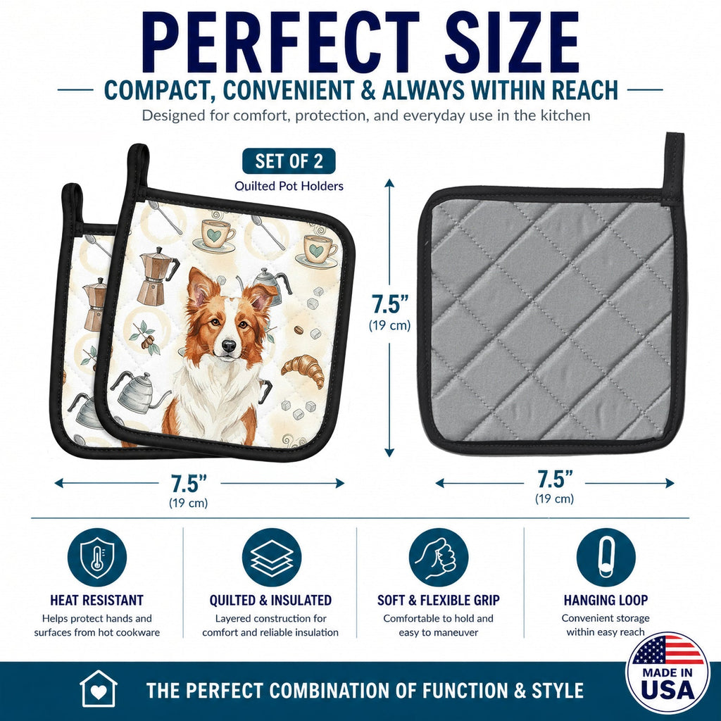 Red and White Border Collie Coffee Bar Pot Holder Set of 2 Heat Resistant Quilted Hot Pads 7.5 x 7.5 Inch, Insulated Kitchen Trivets for Cooking & Baking