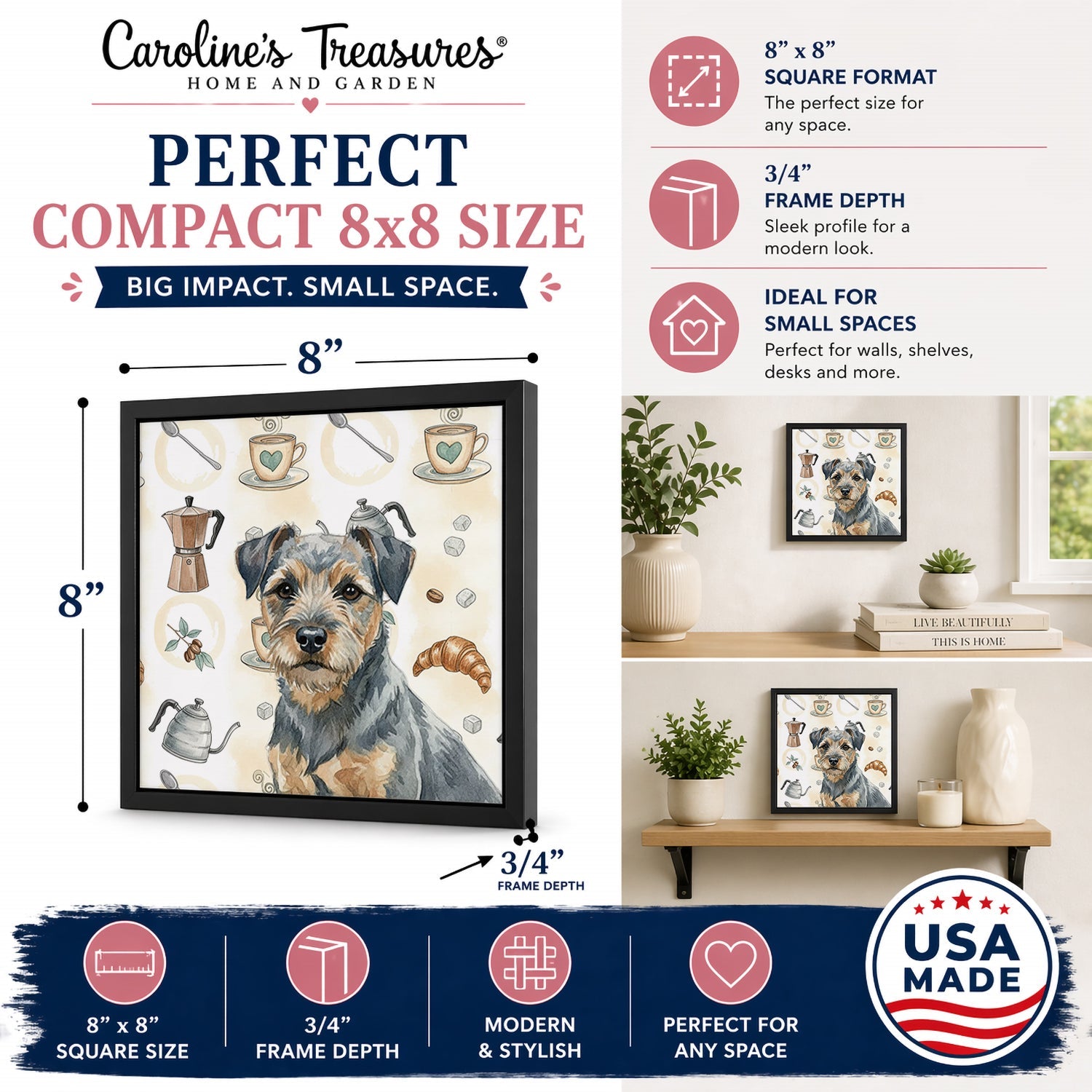Blue and Tan Border Terrier Coffee Bar Framed Metal Print Bathroom, Kitchen, Office, Home Decor Wall Art Ready to Hang, Square, 8X8