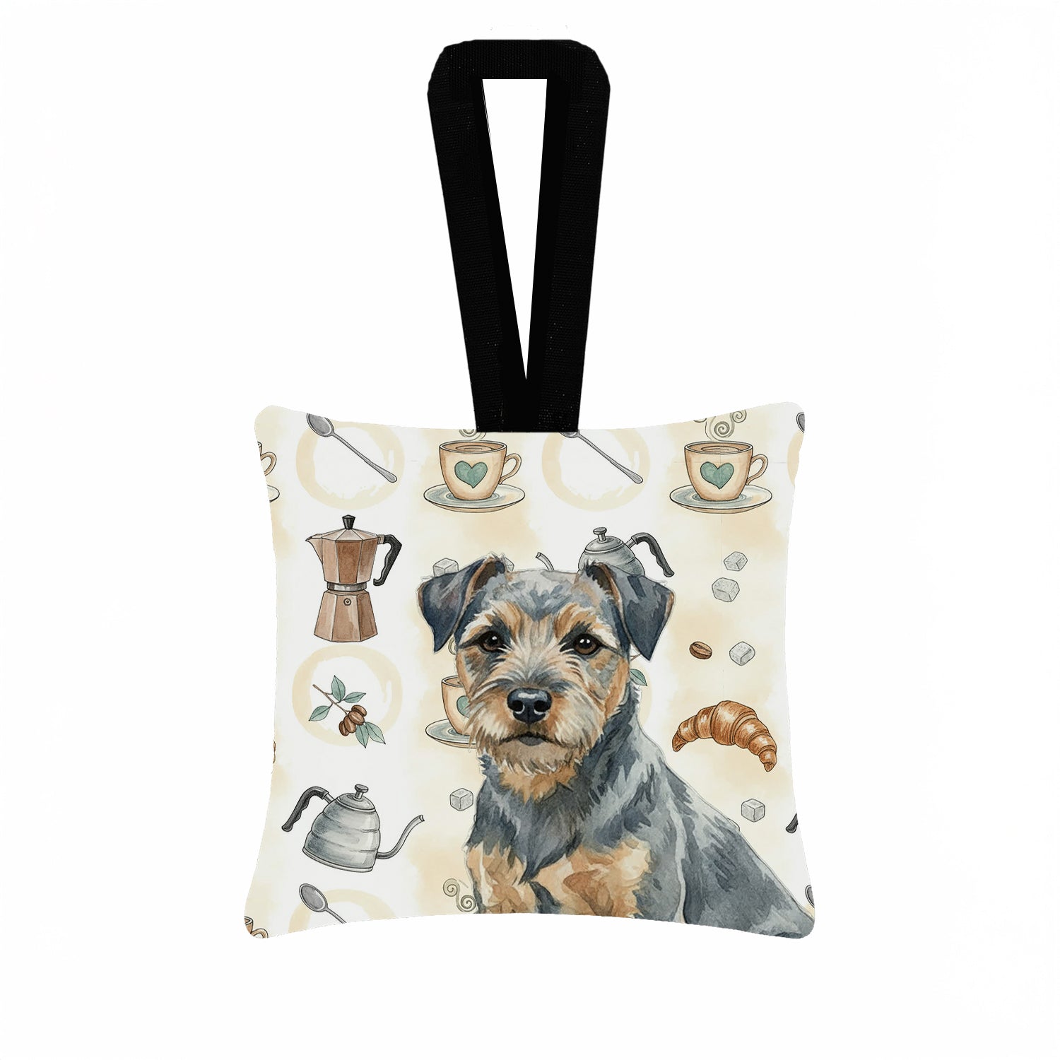 Blue and Tan Border Terrier Coffee Bar Hanging Square Fabric Ornament 3.5 � 3.5 Decorative Door-Knob & Tree Hanger, Soft Fabric