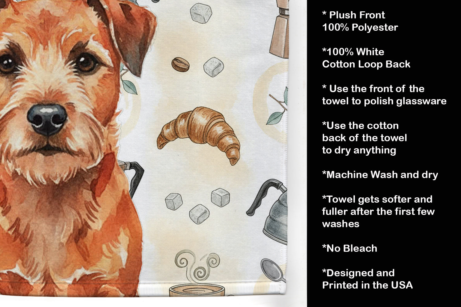 Red Border Terrier Coffee Bar Kitchen Towel Velour Plush Front and Cotton Loop Back Machine Washable