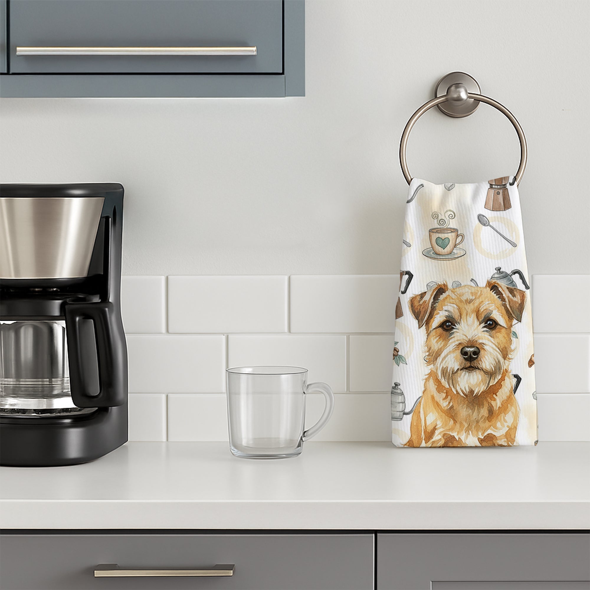 Wheaten Border Terrier Coffee Bar Kitchen Towel Velour Plush Front and Cotton Loop Back Machine Washable