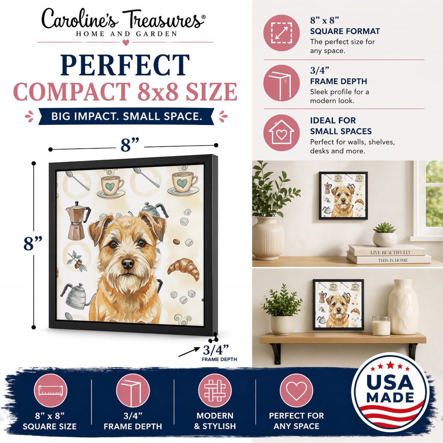 Wheaten Border Terrier Coffee Bar Framed Metal Print Bathroom, Kitchen, Office, Home Decor Wall Art Ready to Hang, Square, 8X8