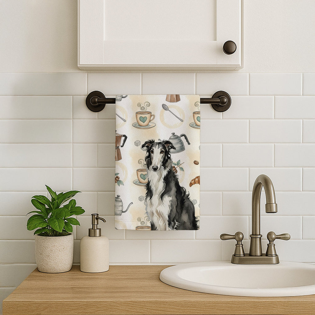 Black and White Borzoi Coffee Bar Kitchen Towel Velour Plush Front and Cotton Loop Back Machine Washable