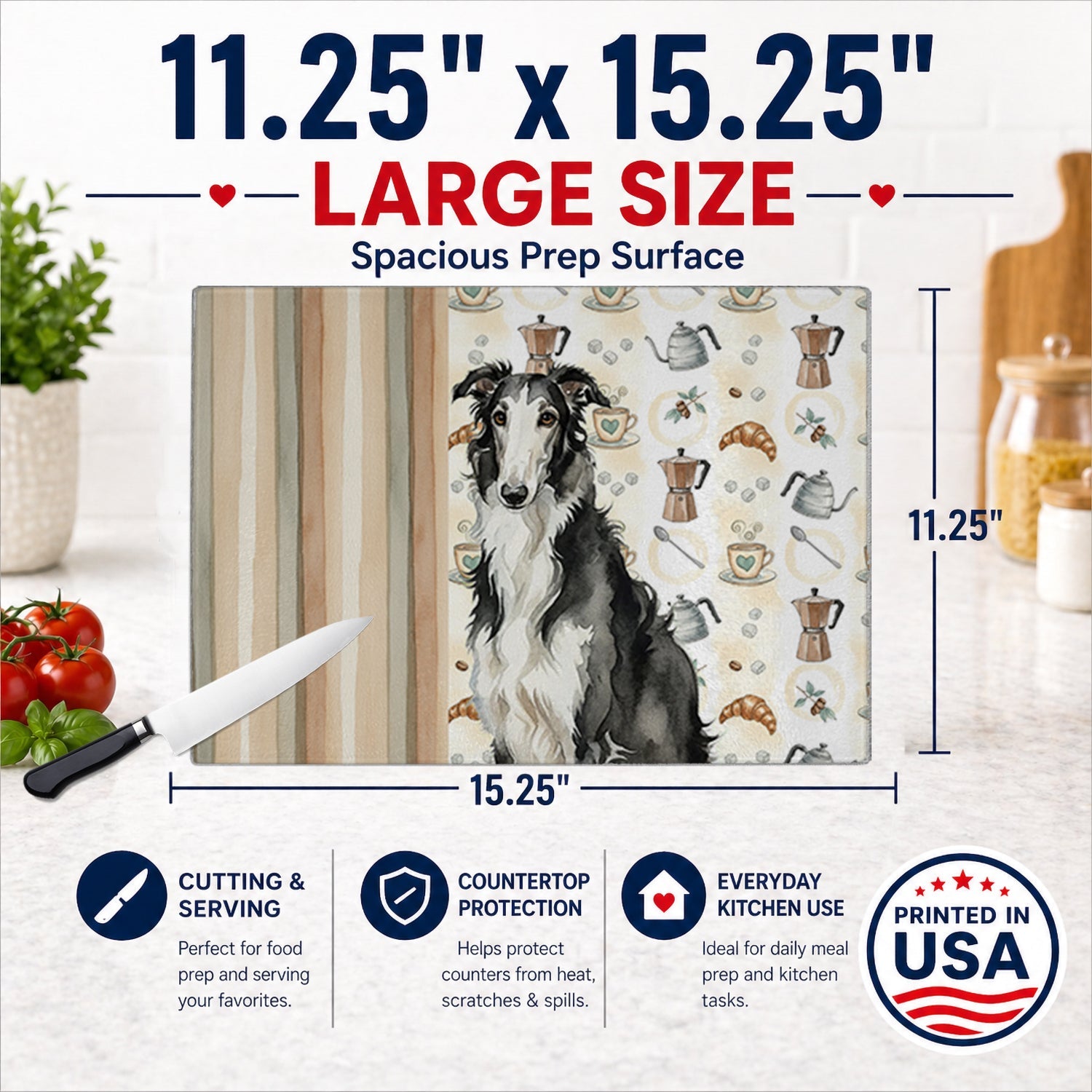Black and White Borzoi Coffee Bar Cutting Board Tempered Glass Kitchen Cutting Surface, Heat Resistant Chopping, Non-Slip Feet, Food Prep & Serving