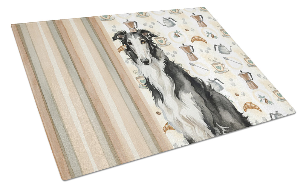 Black and White Borzoi Coffee Bar Cutting Board Tempered Glass Kitchen Cutting Surface, Heat Resistant Chopping, Non-Slip Feet, Food Prep & Serving