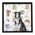 Black and White Borzoi Coffee Bar Framed Metal Print Bathroom, Kitchen, Office, Home Decor Wall Art Ready to Hang, Square, 8X8