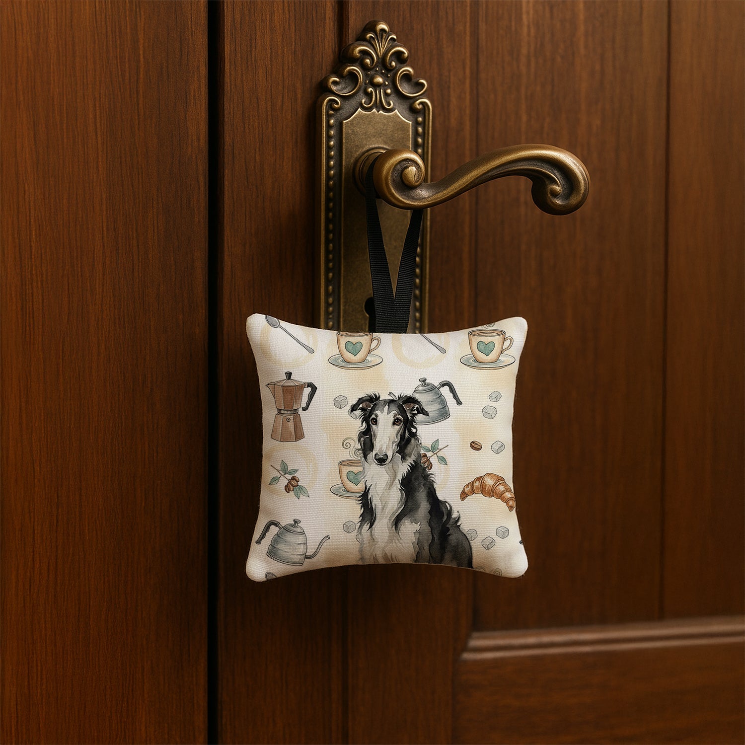 Black and White Borzoi Coffee Bar Hanging Square Fabric Ornament 3.5 � 3.5 Decorative Door-Knob & Tree Hanger, Soft Fabric