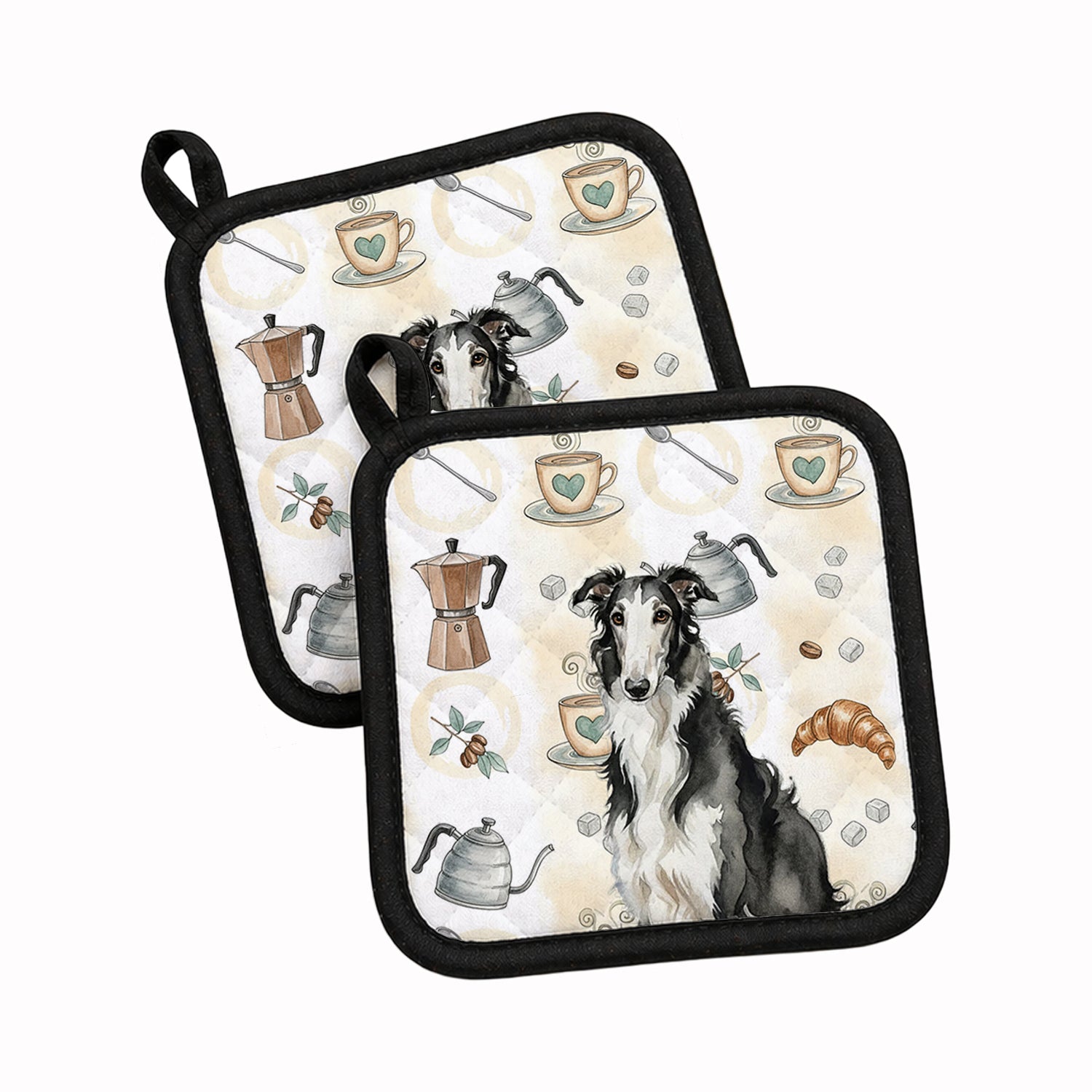 Black and White Borzoi Coffee Bar Pot Holder Set of 2 Heat Resistant Quilted Hot Pads 7.5 x 7.5 Inch, Insulated Kitchen Trivets for Cooking & Baking