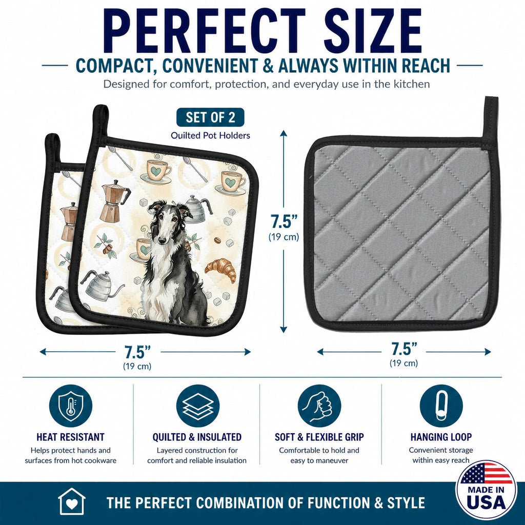 Black and White Borzoi Coffee Bar Pot Holder Set of 2 Heat Resistant Quilted Hot Pads 7.5 x 7.5 Inch, Insulated Kitchen Trivets for Cooking & Baking