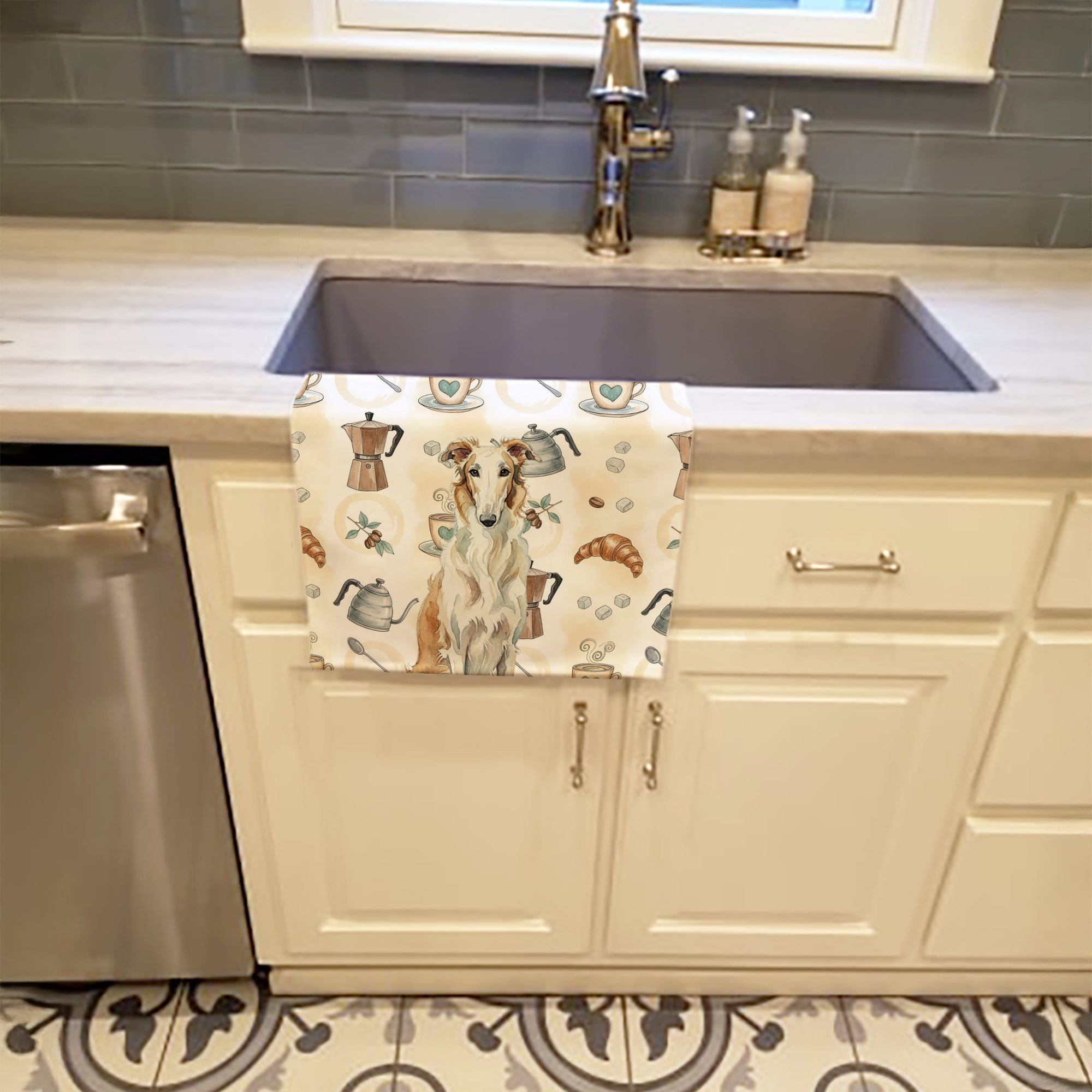 Borzoi Coffee Bar Kitchen Towel Velour Plush Front and Cotton Loop Back Machine Washable