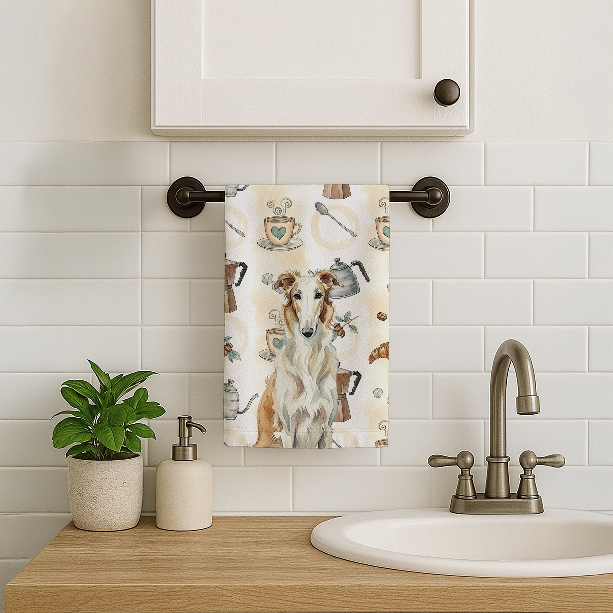 Borzoi Coffee Bar Kitchen Towel Velour Plush Front and Cotton Loop Back Machine Washable