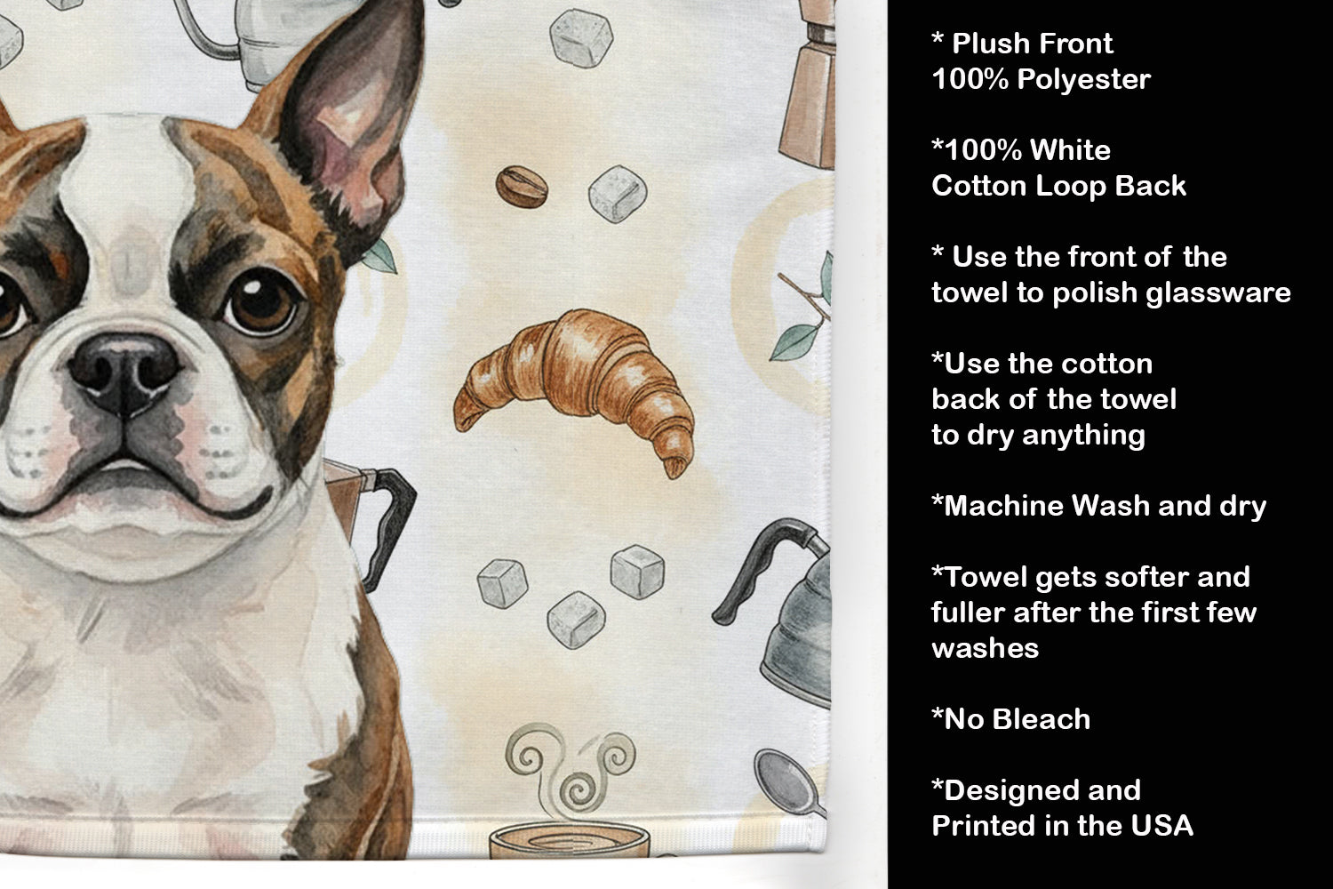 Brindle Boston Terrier Coffee Bar Kitchen Towel Velour Plush Front and Cotton Loop Back Machine Washable