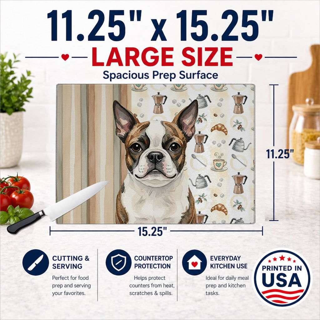 Brindle Boston Terrier Coffee Bar Cutting Board Tempered Glass Kitchen Cutting Surface, Heat Resistant Chopping, Non-Slip Feet, Food Prep & Serving