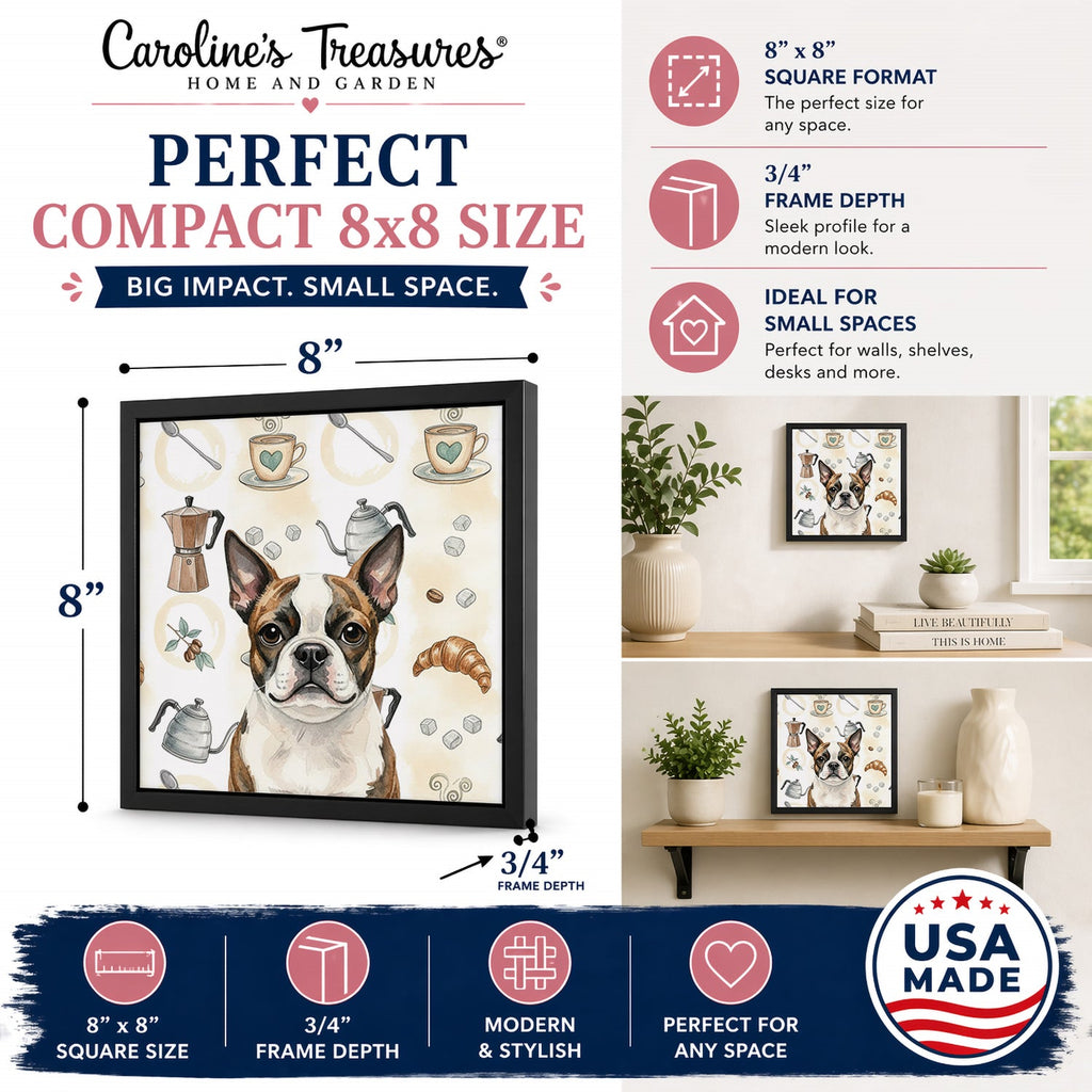 Brindle Boston Terrier Coffee Bar Framed Metal Print Bathroom, Kitchen, Office, Home Decor Wall Art Ready to Hang, Square, 8X8