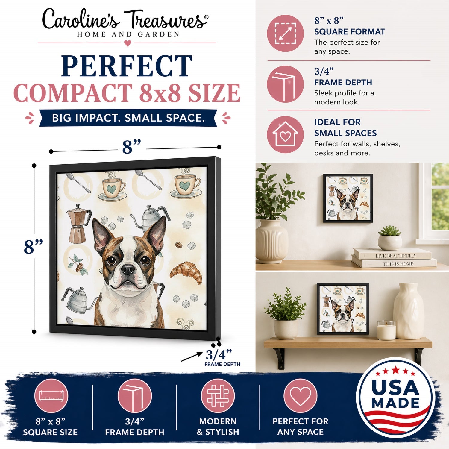 Brindle Boston Terrier Coffee Bar Framed Metal Print Bathroom, Kitchen, Office, Home Decor Wall Art Ready to Hang, Square, 8X8