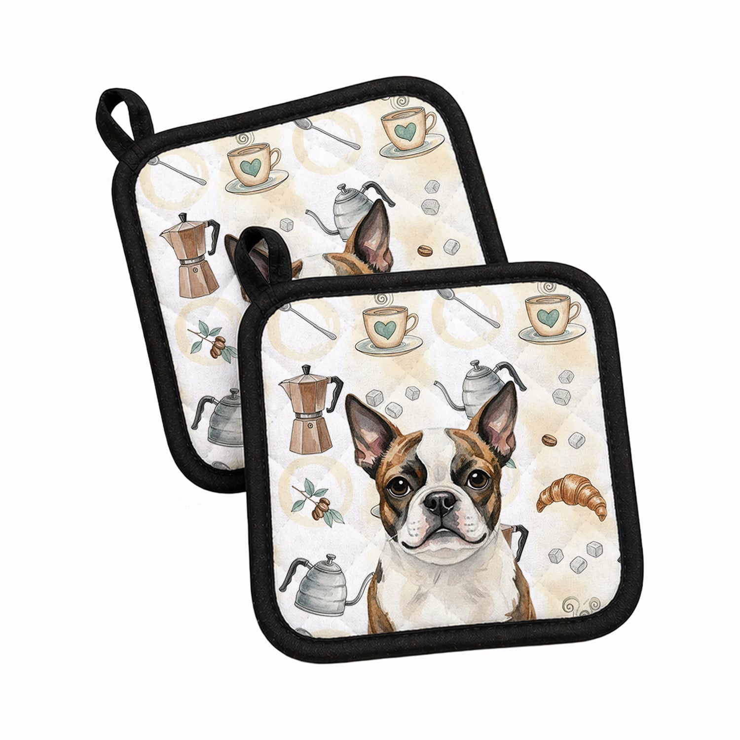 Brindle Boston Terrier Coffee Bar Pot Holder Set of 2 Heat Resistant Quilted Hot Pads 7.5 x 7.5 Inch, Insulated Kitchen Trivets for Cooking & Baking