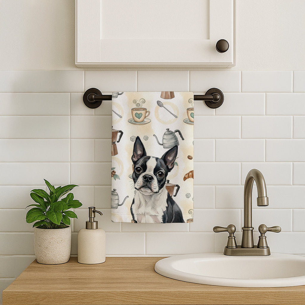 Boston Terrier Coffee Bar Kitchen Towel Velour Plush Front and Cotton Loop Back Machine Washable